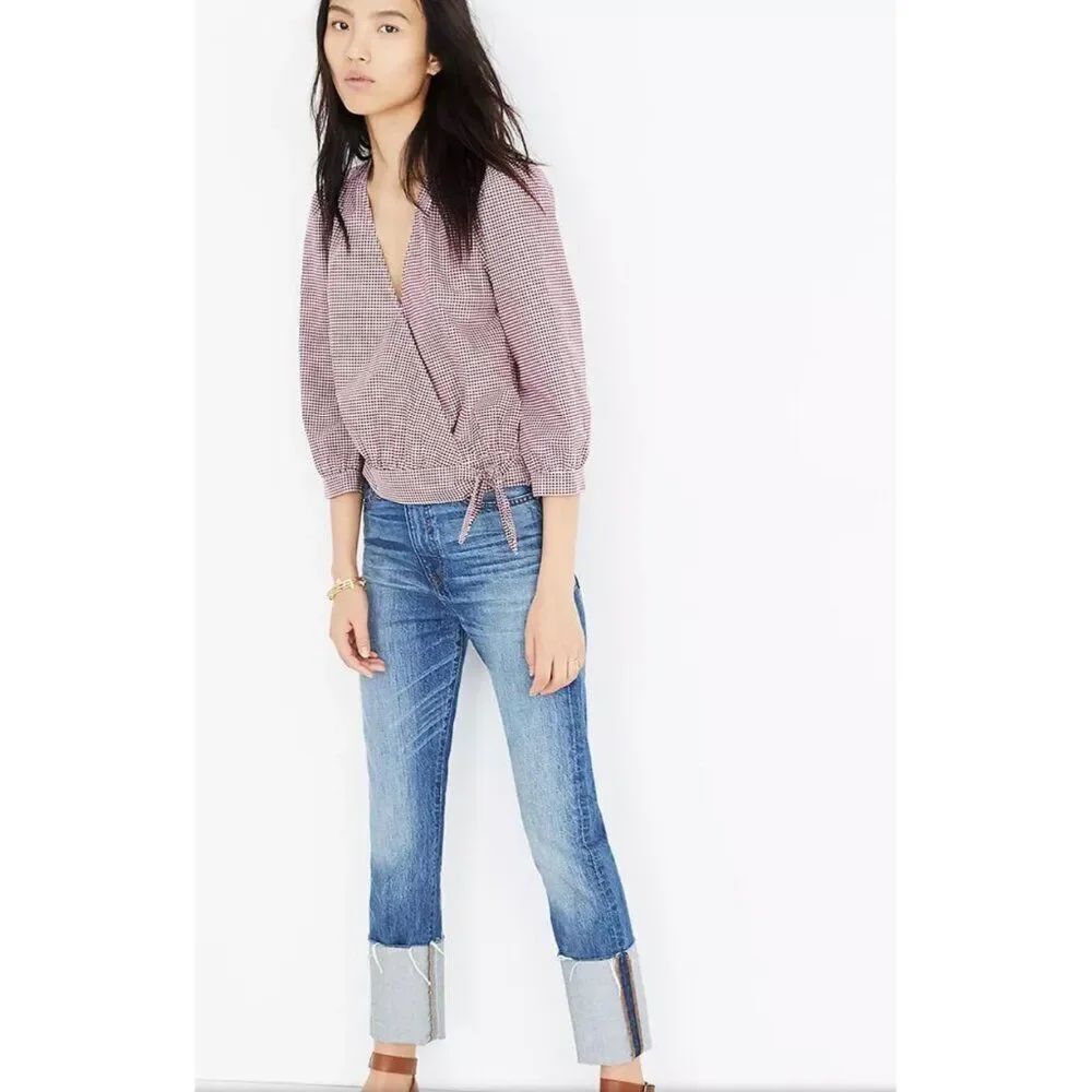 Madewell Women 3/4 Sleeve Red Gingham Check Wrap Cropped Top Size S